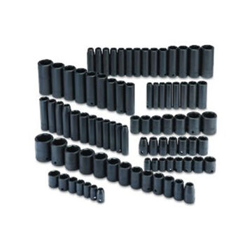 Standard Length Impact Socket Set, 6-Point, 1/4 in, 3/8 in, 1/4 in Square Drive, 86 Pieces, Alloy Steel, Black Oxide