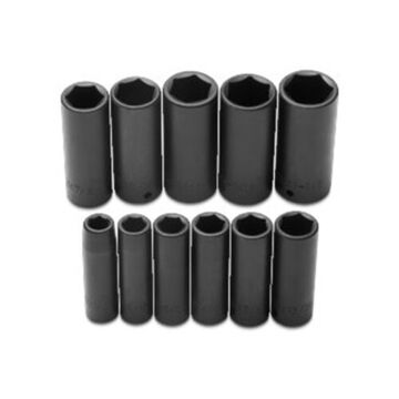 Deep Length Impact Socket Set, 6-Point, 1/2 in Square Drive, 11 Pieces, Forged Alloy Steel, Black Oxide