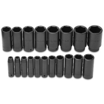 Deep Length Impact Socket Set, 6-Point, 1/2 in Square Drive, 19 Pieces, Alloy Steel, Black Oxide