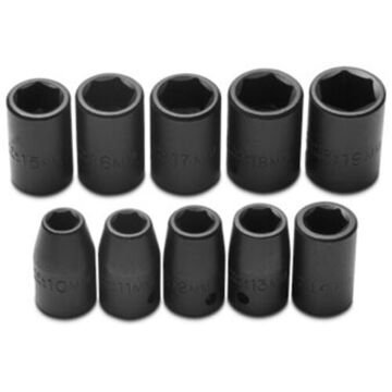 Standard Length Impact Socket Set, 6-Point, 1/2 in Square Drive, 10 Pieces, Alloy Steel, Black Oxide
