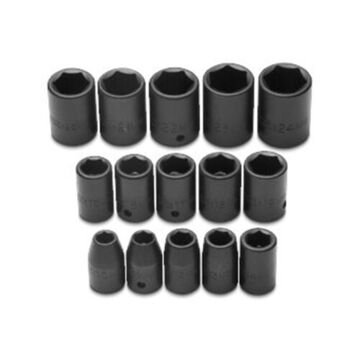 Standard Length Impact Socket Set, 6-Point, 1/2 in Square Drive, 15 Pieces, Alloy Steel, Black Oxide