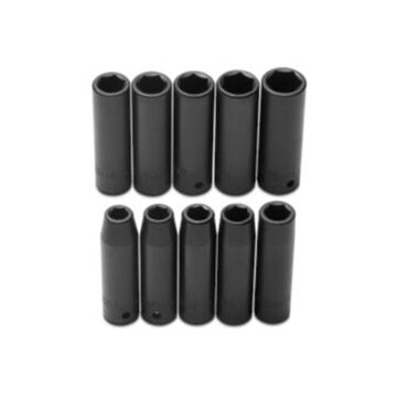 Deep Length Impact Socket Set, 6-Point, 1/2 in Square Drive, 10 Pieces, Alloy Steel, Black Oxide