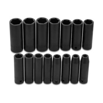 Deep Length Impact Socket Set, 6-Point, 1/2 in Square Drive, 15 Pieces, Alloy Steel, Black Oxide