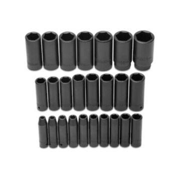 Deep Length Impact Socket Set, 6-Point, 1/2 in Square Drive, 25 Pieces, Alloy Steel, Black Oxide