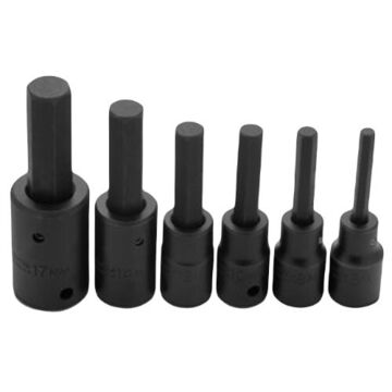 Standard Length Impact Socket Set, Hex Tip, 1/2 Square Drive, 6 Pieces, Alloy Steel, Black Oxide