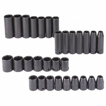 Standard Length Impact Socket Set, 6-Point, 1/2 in Square Drive, 30 Pieces, Alloy Steel, Black Oxide