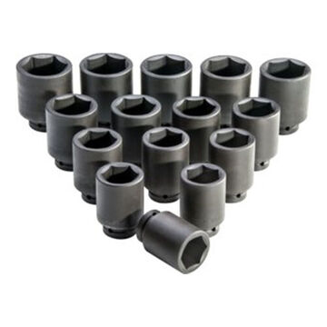 Deep Length Impact Socket Set, 6-Point, 1 in Square Drive, 15 Pieces, Alloy Steel, Black Oxide