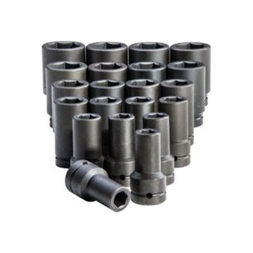 Deep Length Impact Socket Set, 6-Point, 1 in Square Drive, 21 Pieces, Alloy Steel, Black Oxide