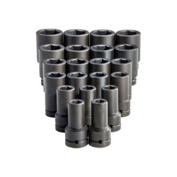 Deep Length Impact Socket Set, 6-Point, 1 in Square Drive, 21 Pieces, Alloy Steel, Black Oxide