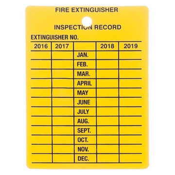 Monthly Fire Extinguisher Inspection Tag, 3 in ht, 2.25 in wd, Yellow, Plastic