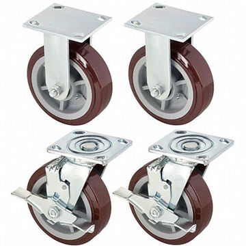 Locking Caster Kit, 900 lb, 6 in Wheel dia, 2 in Wheel wd, Polyurathane on Polyolefin Wheel