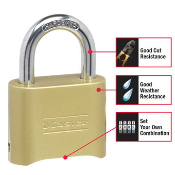 Combination Resettable Lockout Padlock, Keyless, Gold, Laminated Steel, 5/16 in Shackle dia, 1 in Shackle ht