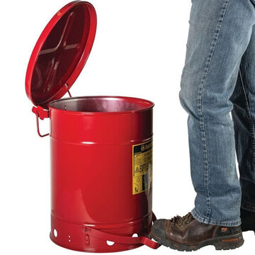 Hands-Free Oily Waste Can, 10 gal, 13.938 in dia, 18.25 in ht, Steel, Red
