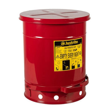 Hands-Free Oily Waste Can, 10 gal, 13.938 in dia, 18.25 in ht, Steel, Red