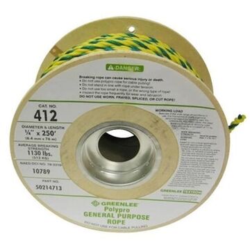 General Purpose Pull Rope, 1/4 in Outside dia, 250 ft lg, 1130 lb, Polypropylene