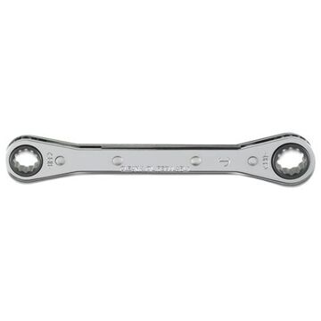 Double Box Ratcheting Wrench, 3/8 X 7/16 In, Double Box End, 12 Points, 5-1/2 In Lg, 0 Deg