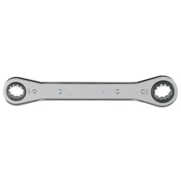 Double Box Ratcheting Wrench, 5/8 X 11/16 In, Spline, 8-1/8 In Lg, 12 Points, Steel