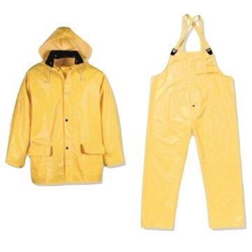 Suspenders and Adjustable Hood Safety Rain Suit, L, Yellow, Polyester, PVC
