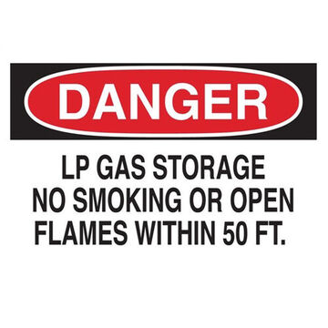 No Smoking Safety Sign, 14 in wd, Lp Gas Storage No Smoking Or Open Flames Within 50 Ft., Black, Red on White, Aluminum
