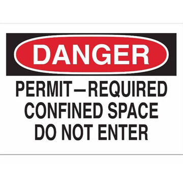 Confined Space Safety Sign, 10 in ht, 14 in wd, Black, Red on White, Fiberglass, Corner Holes