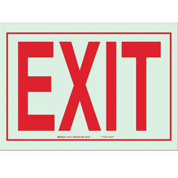 Safety Sign, 7 in ht, 10 in wd, Red on Glow, Photoluminescent Polyester, Self-Adhesive