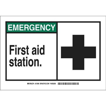 Emergency First Aid Station Safety Sign, 7 in ht, 10 in wd, Black, Green, White, Polyester With Polyester Overlaminate, Self-Adhesive