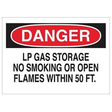 No Smoking Safety Sign, 14 in wd, Danger Lp Gas Storage No Smoking Or Open Flames Within 50 Ft, Black/Red/White, Polyester