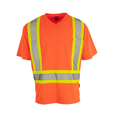 High Visibility, V-Neck Safety T-Shirt, L, Orange, Polyester