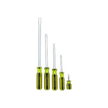 Slotted, Corrosion Resistant Screwdriver Set, 5 Pieces, 1/4 in, 3/8 in, 5/16 in Speciality Tip, Round/Square Shank, Acetate, Steel, Polished Chrome