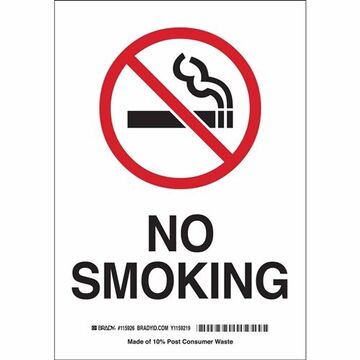 Smoking Sign, 10 in ht, 7 in wd, Black, Red on White, Aluminum, Corner Holes