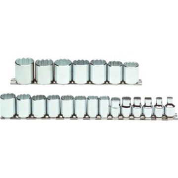 Socket Set, 12-Point, 21 Pieces, Steel, Full Polish