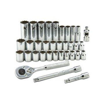 Socket Set, 12-Point, 34 Pieces, Steel, Full Polish