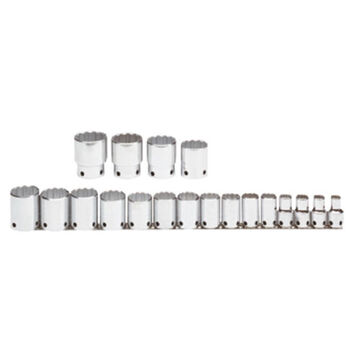 Socket Set, 6-Point, 19 Pieces, Alloy Steel, Full Polish