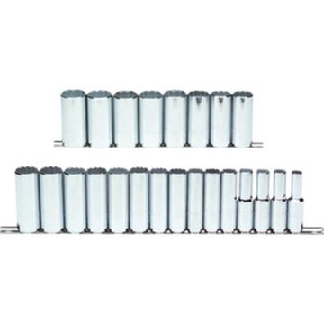 Deep Length Socket Set, 12-Point, 23 Pieces, Steel, Full Polish