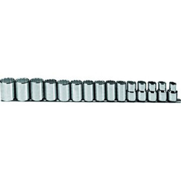 Socket Set, 12-Point, 15 Pieces, Steel, Full Polish