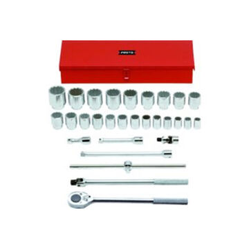 Socket Set, 12-Point, Fractional, 29 Pieces, Steel, Satin