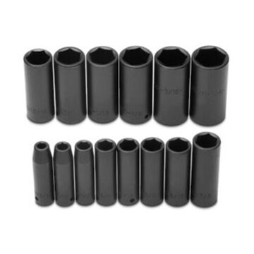 Deep Length Socket Set, 6-Point, 15 Pieces, Alloy Steel, Black Oxide