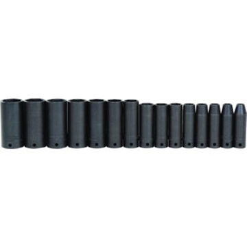 Deep Length Socket Set, 6-Point, 15 Pieces, Steel, Black Oxide