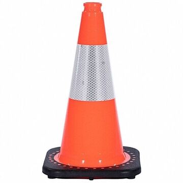 Traffic Cone Reflective, 18 In Ht, Fluorescent Orange, Pvc Cone, White