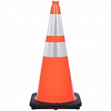 Reflective Traffic Cone, 28 in ht, Orange, PVC Cone, White