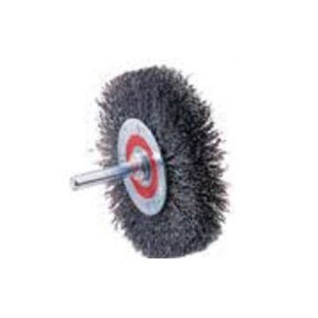 Brosse de roue montée, diamètre de brosse de 1-3/8 pouce, largeur de brosse de 1/4 pouce, arbre/tige de 1/4 pouce, diamètre de fil de 0.008 pouce, serti