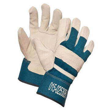 Work Gloves, Buffalo Grain Premium Leather Palm, Solid Blue Back