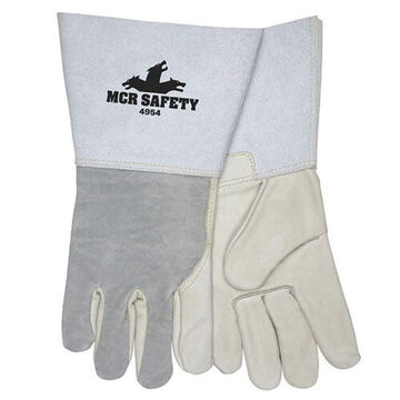 Work Gloves, Double Leather Palm, Gray, Wing Thumb, Cowhide Leather