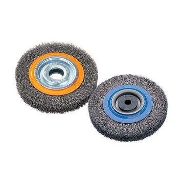 Bench Wheel Brush, 6 in x 1-1/8 in x 1/2 to 1-1/4 in, Tool steel, 6000 rpm