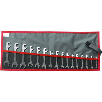 Angle Open-end Wrench Set, 16 Pieces, Metric, Alloy Steel, Satin