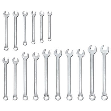 Combination Wrench Set, 16 Pieces, 12-Point, 15 deg Offset, Box End Drive, Alloy Steel, Satin