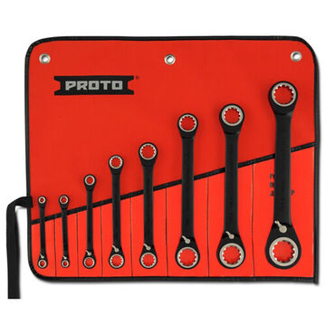 Reversible, Combination Ratcheting Wrench Set, 8 Pieces, Spline-Point, Alloy Steel, Polished Chrome/Black