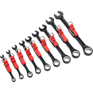 Non-reversible, Combination Ratcheting Wrench Set, 9 Pieces, Metric, Alloy Steel, Black Chrome