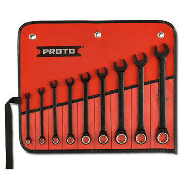 Non-reversible, Combination Ratcheting Wrench Set, 9 Pieces, Metric, Alloy Steel, Black Chrome