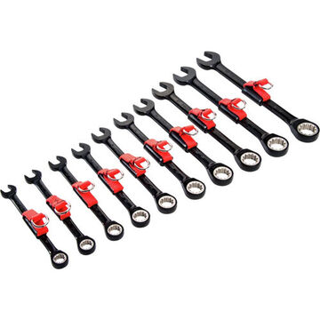 Non-reversible, Combination Ratcheting Wrench Set, 10 Pieces, Metric, Alloy Steel, Black Chrome